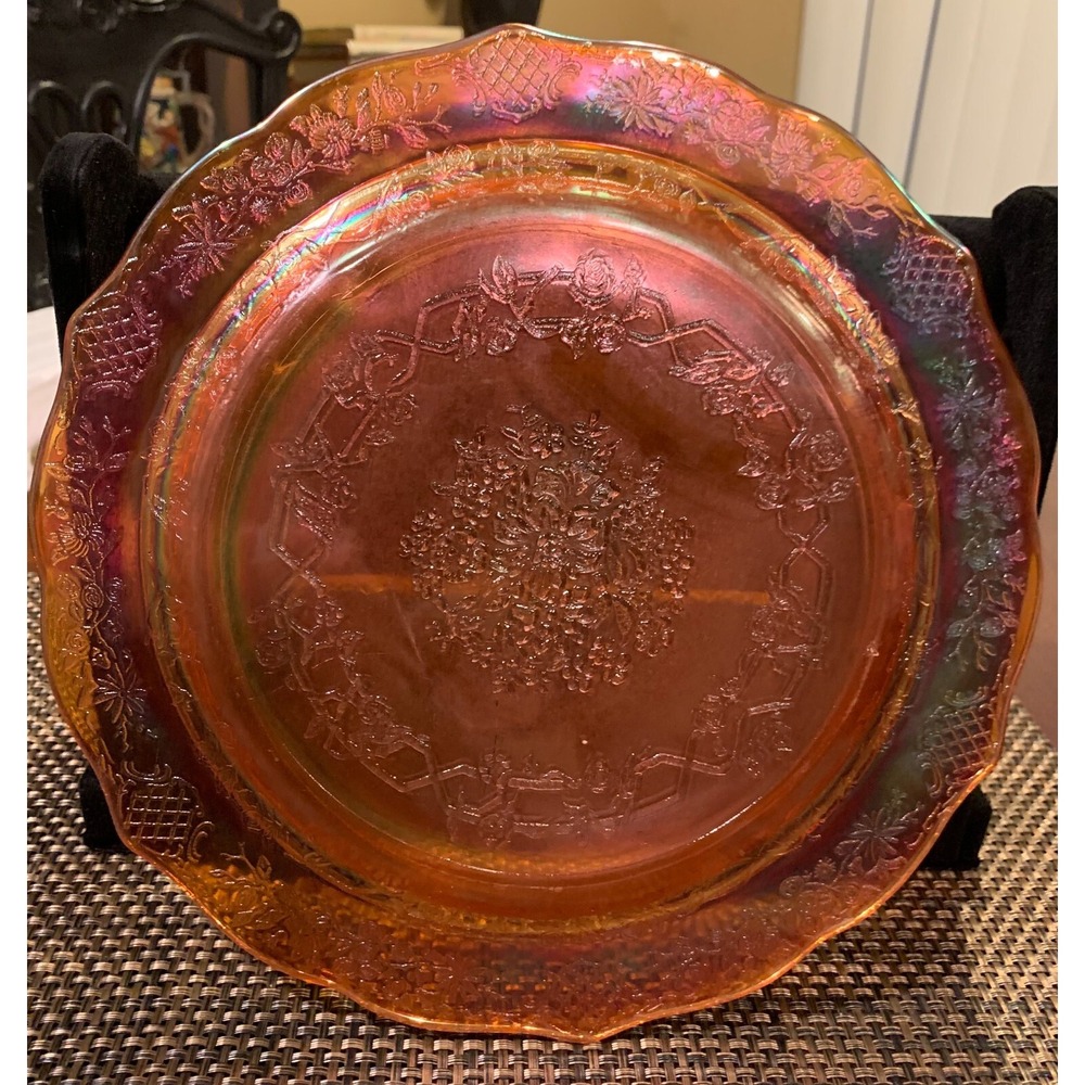 1930's Federal Glass Normandie 11" Oval Platter Marigold Lattice & Bouquet‎ USA!